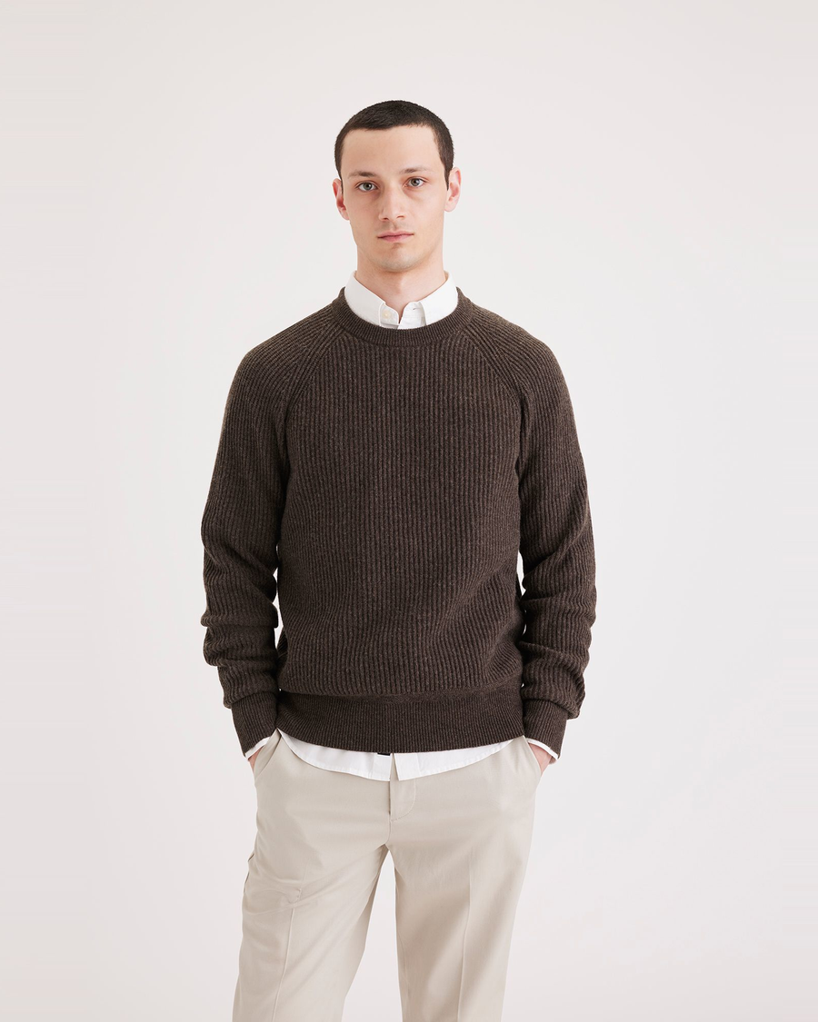 Front view of model wearing Molasses Men's Regular Fit Crewneck Sweater.