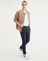 View of model wearing Navy Blazer Alpha Chino Pants, Skinny Fit.