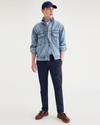 View of model wearing Navy Blazer Alpha Chino Pants, Slim Fit.