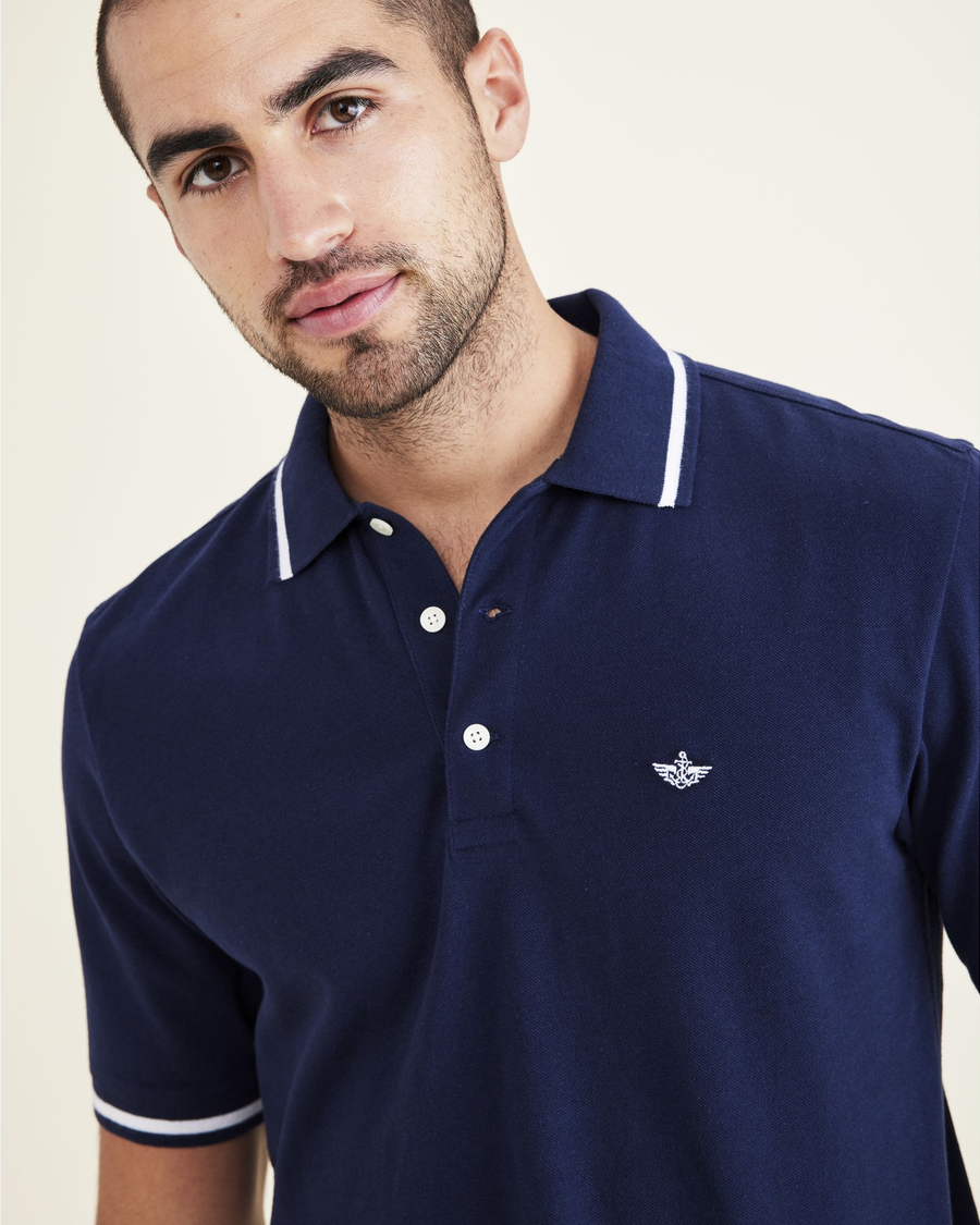 View of model wearing Navy Blazer Big and Tall Original Polo.