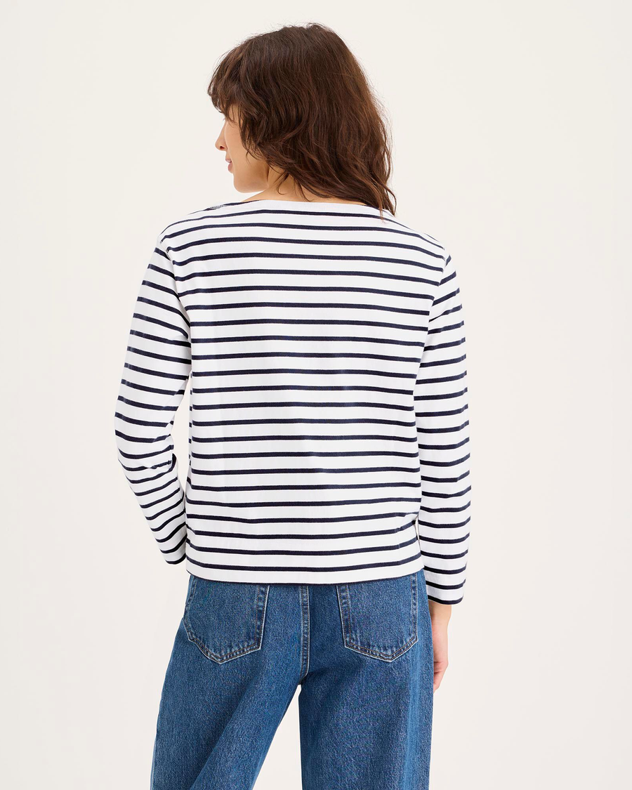 Back view of model wearing Navy Blazer Boatneck Tee, Regular Fit.