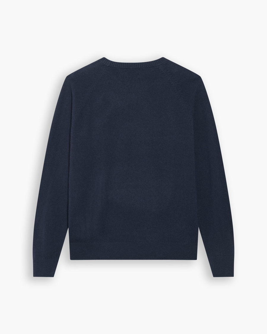 View of model wearing Navy Blazer Crafted Cashmere Sweater, Regular Fit.