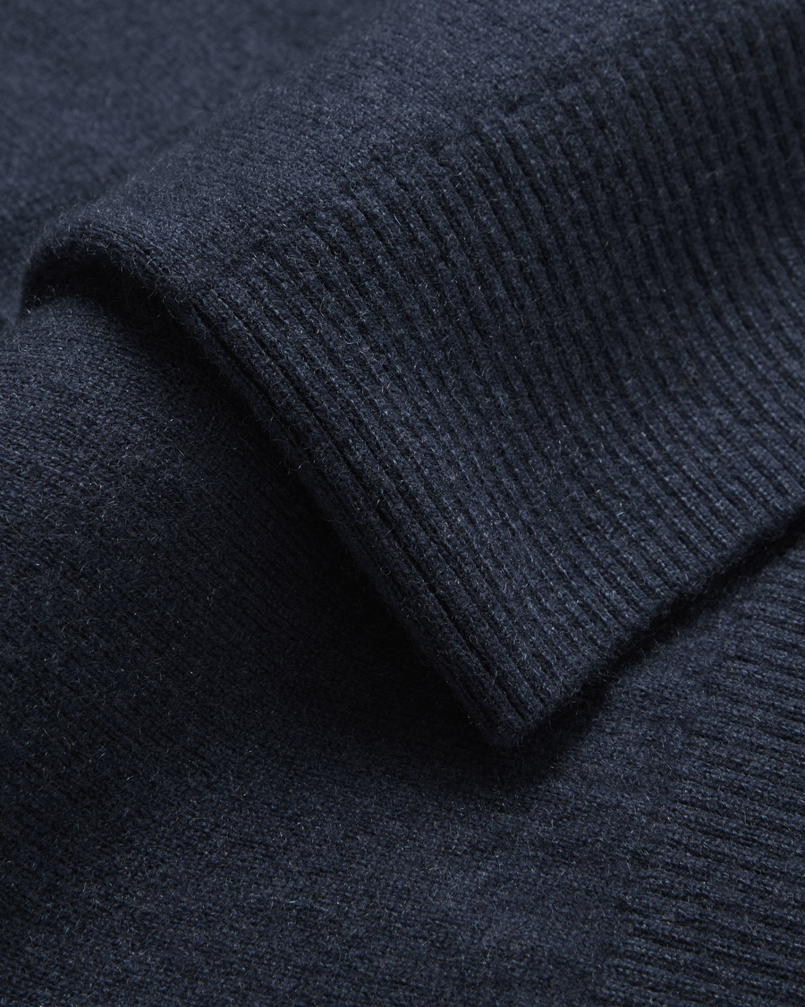 View of model wearing Navy Blazer Crafted Cashmere Sweater, Regular Fit.