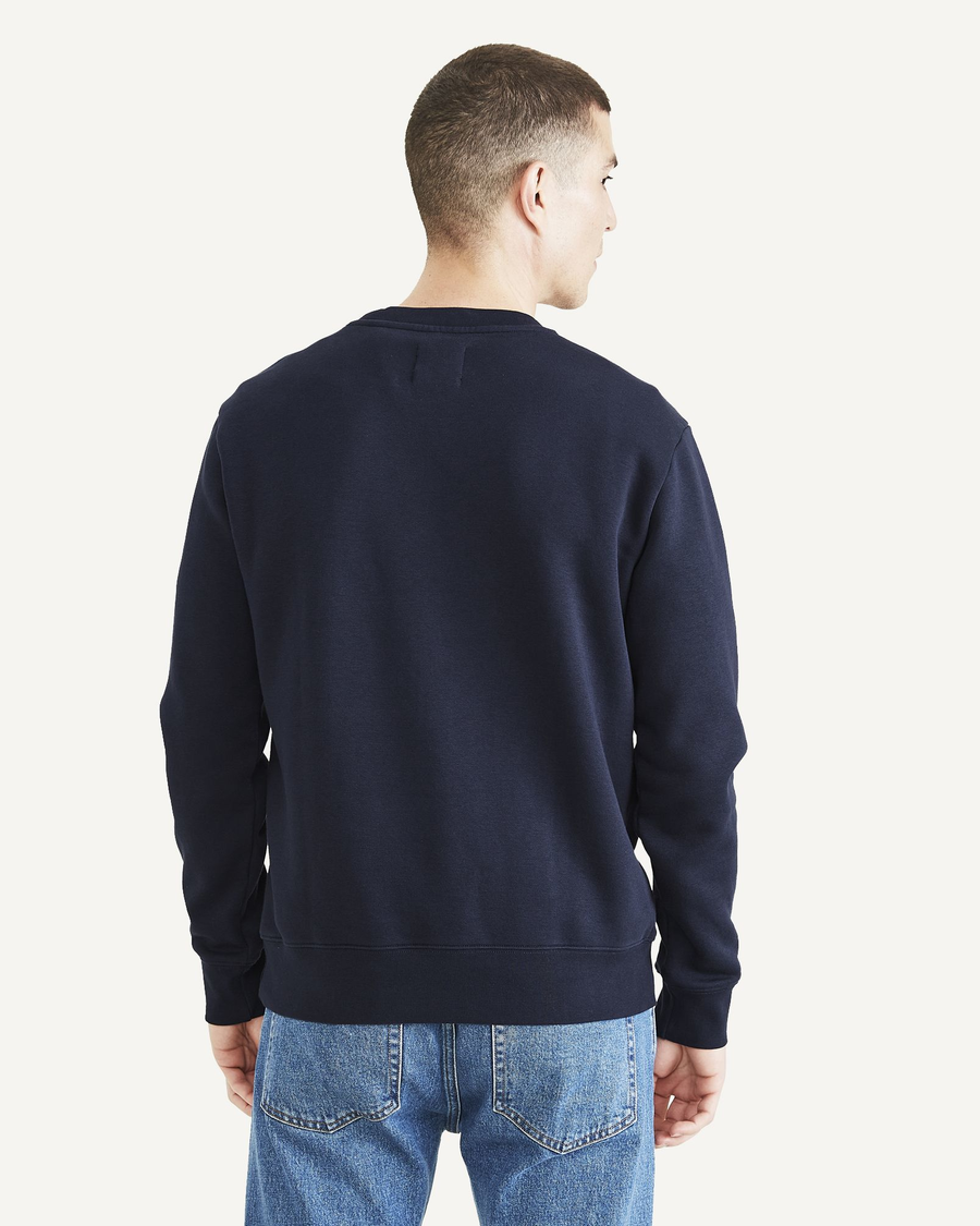 Back view of model wearing Navy Blazer Crewneck Sweatshirt,  Regular Fit.