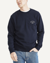 Front view of model wearing Navy Blazer Crewneck Sweatshirt,  Regular Fit.