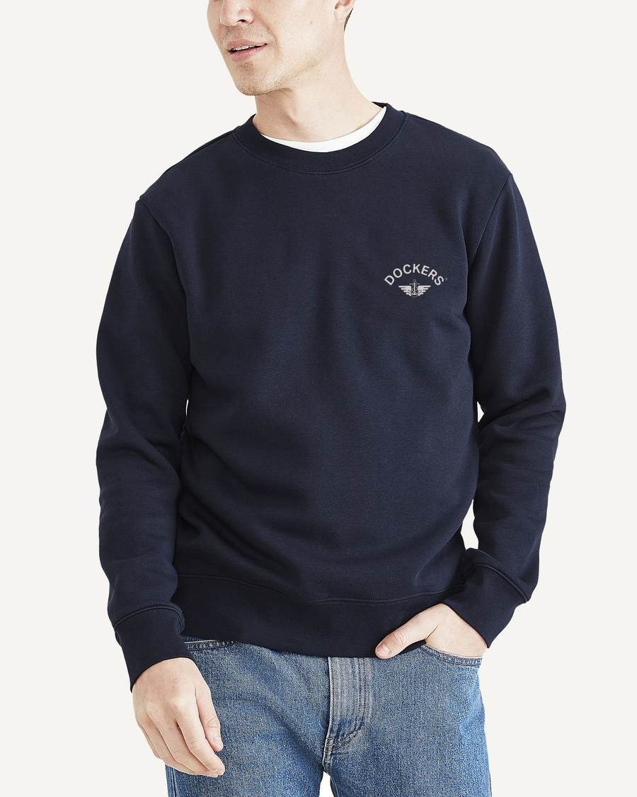 Front view of model wearing Navy Blazer Crewneck Sweatshirt,  Regular Fit.