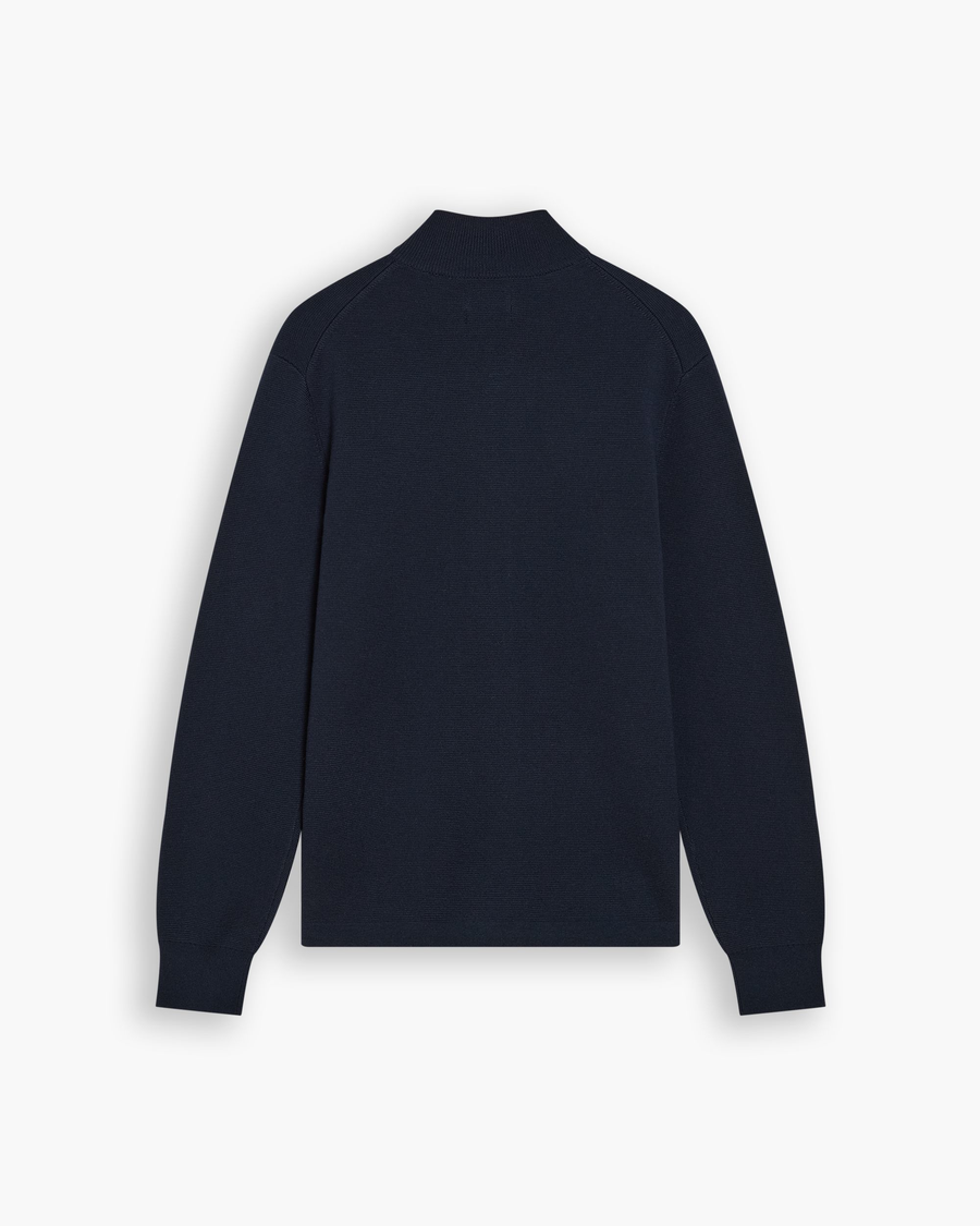 View of model wearing Navy Blazer Full-Zip Sweater, Regular Fit.