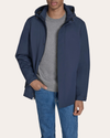 View of model wearing Navy Blazer Go Rain Commuter Jacket.