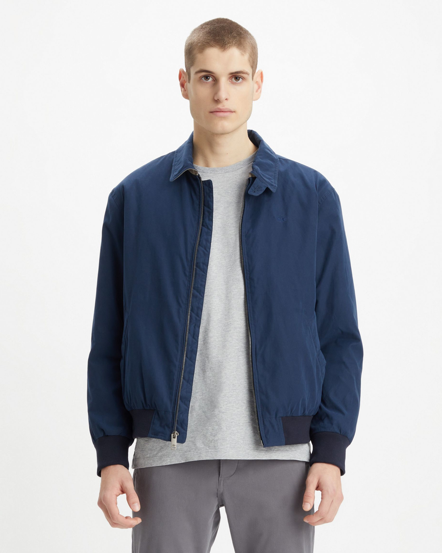 Front view of model wearing Navy Blazer Men's Microtwill Bomber.