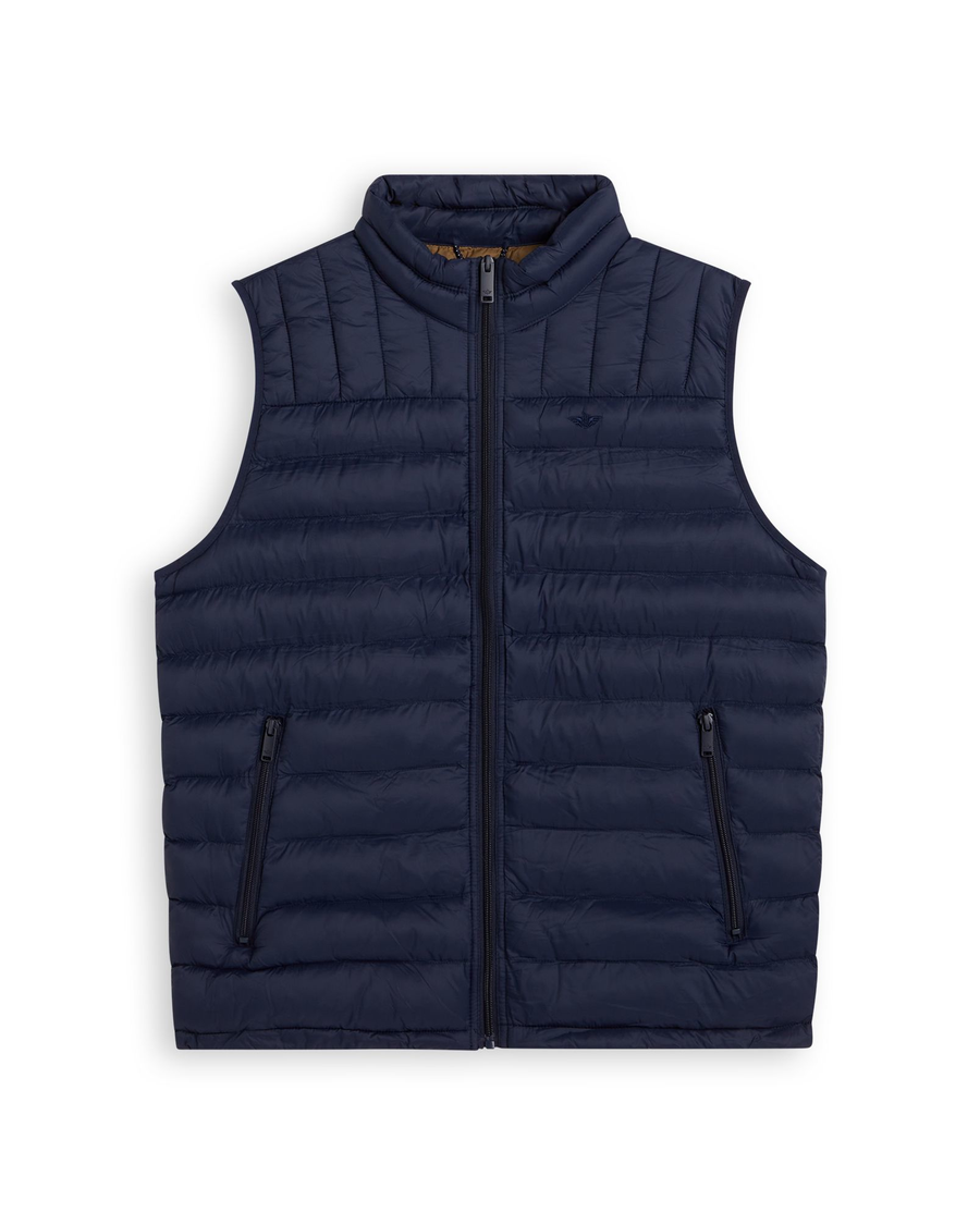 View of model wearing Navy Blazer Men's Packable Vest.