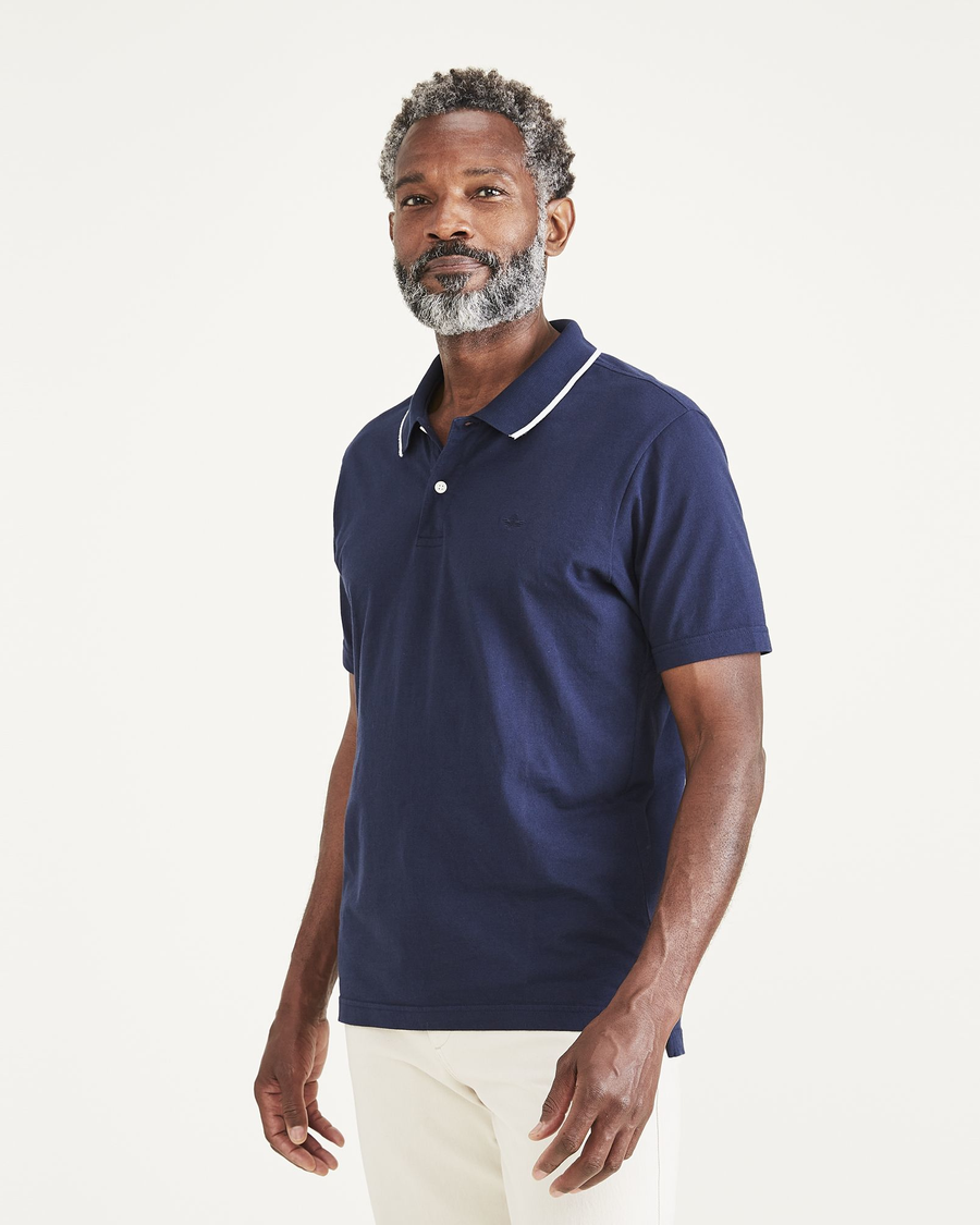 Front view of model wearing Navy Blazer Men's Perfect Polo.