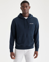 Front view of model wearing Navy Blazer Men's Regular Fit Popover Hoodie.