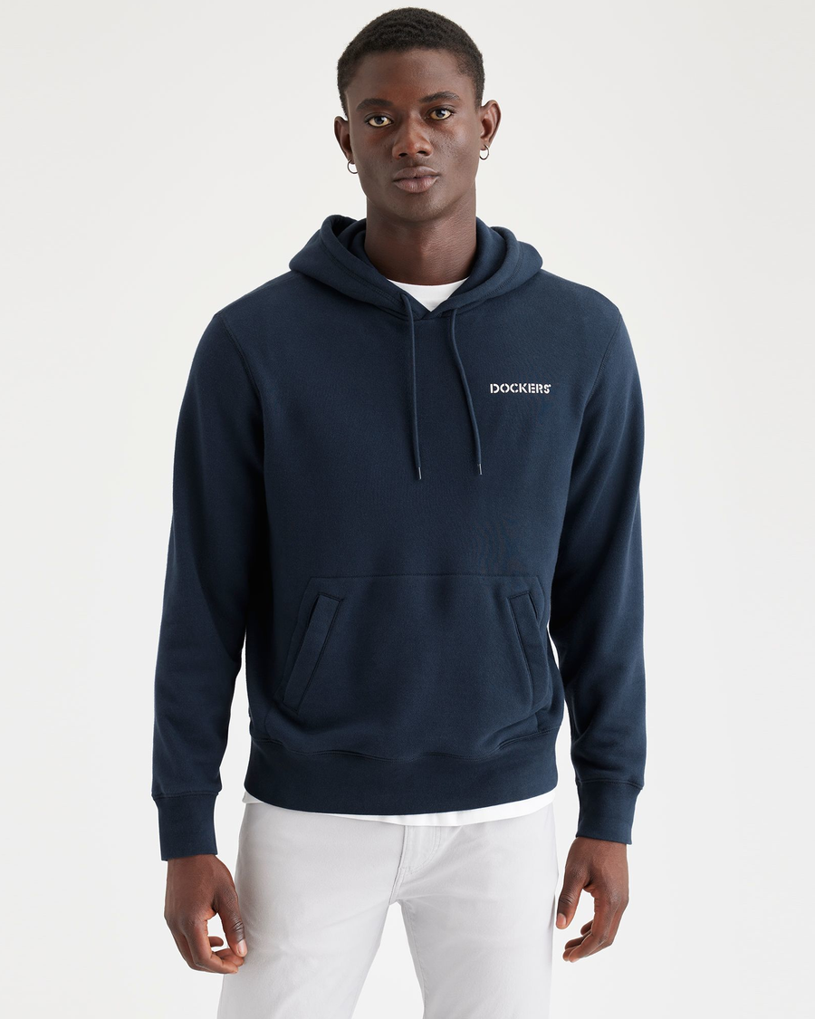 Front view of model wearing Navy Blazer Men's Regular Fit Popover Hoodie.