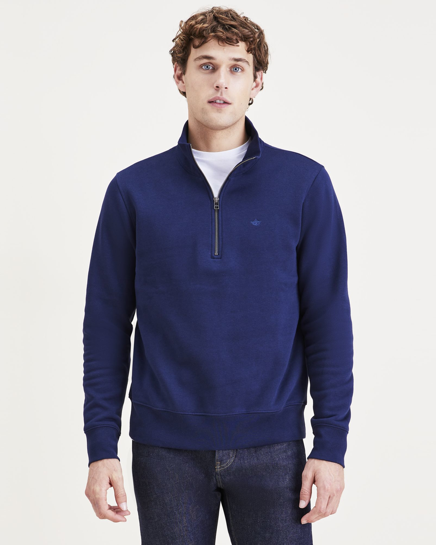 Front view of model wearing Navy Blazer Men's Regular Fit Quarter-Zip Fleece.