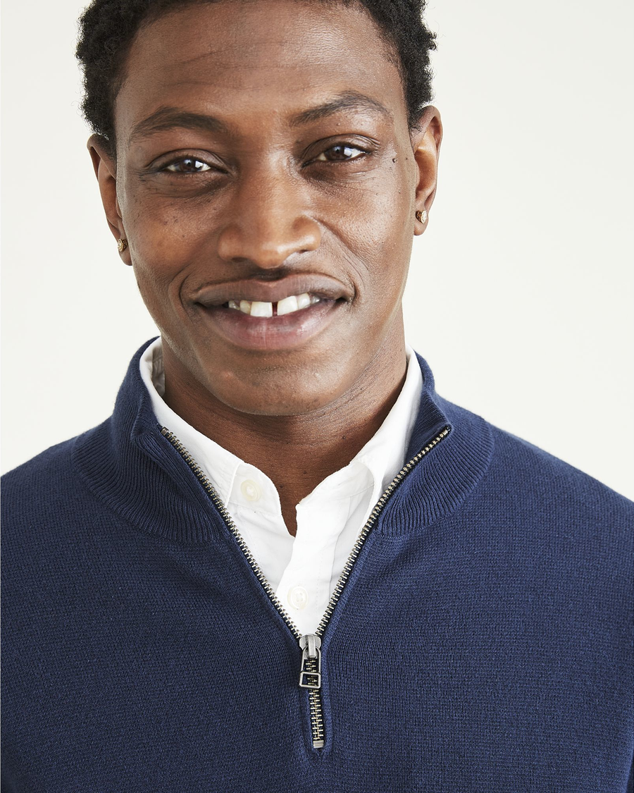 View of model wearing Navy Blazer Men's Regular Fit Quarter Zip Sweater.