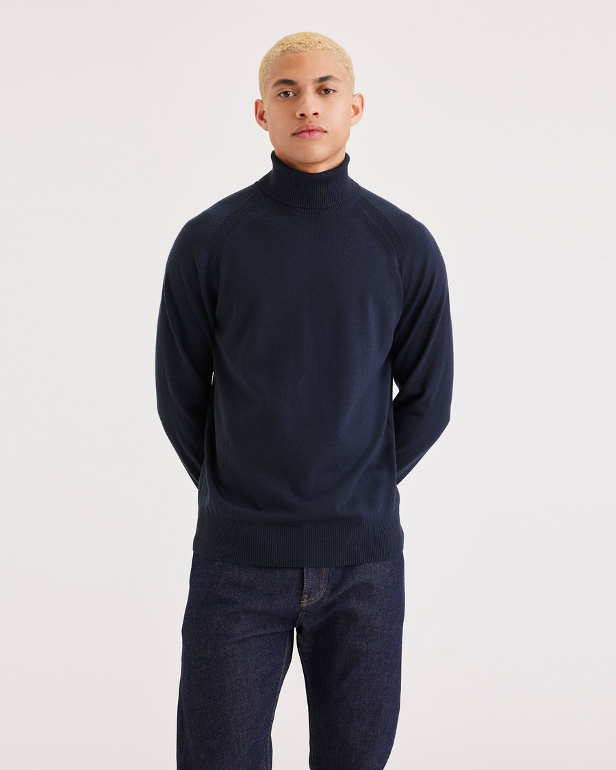 Front view of model wearing Navy Blazer Men's Regular Fit Turtleneck Sweater.