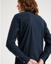 View of model wearing Navy Blazer Men's Slim Fit 2 Button Collar Shirt.