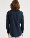 Back view of model wearing Navy Blazer Men's Slim Fit 2 Button Collar Shirt.