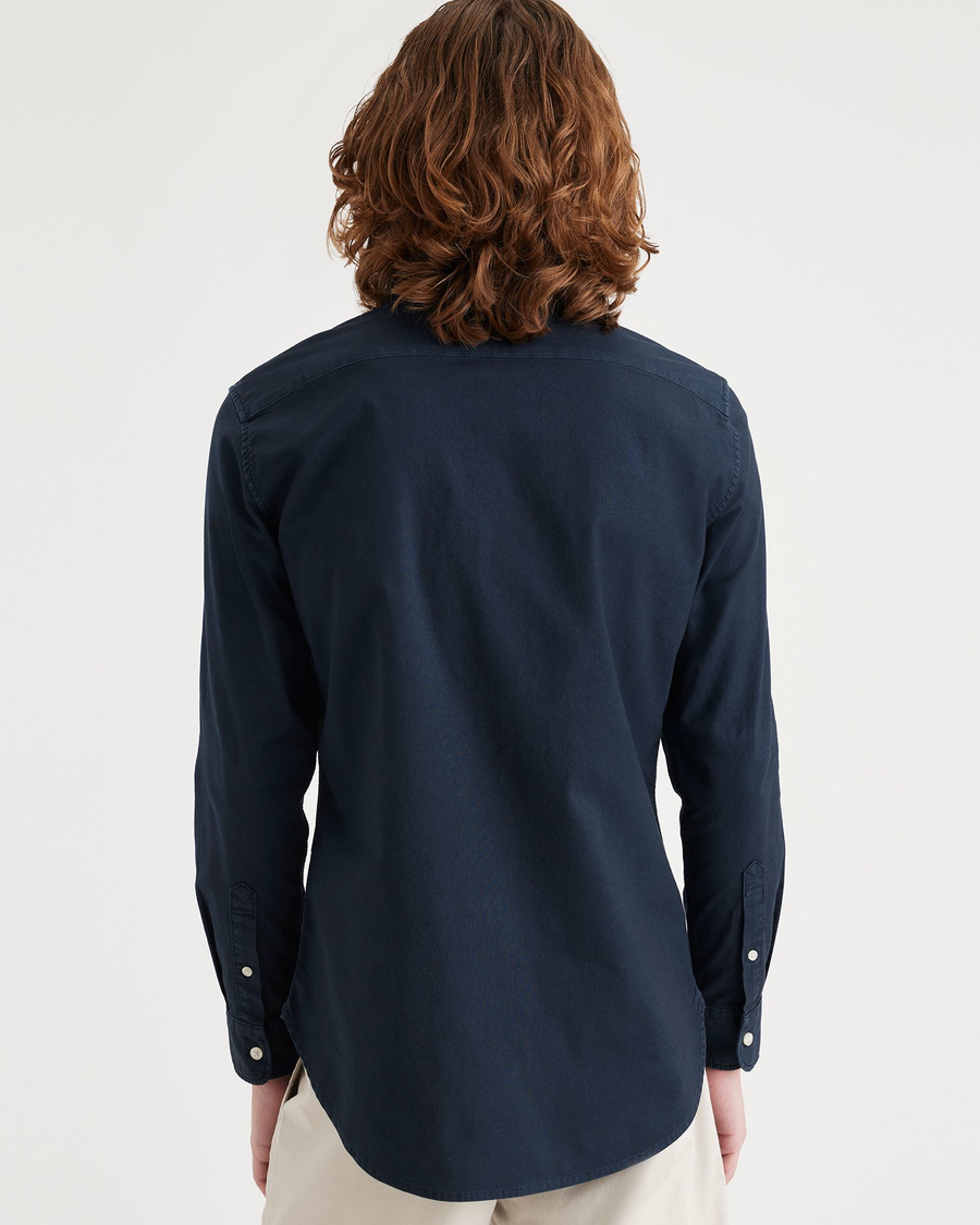 Back view of model wearing Navy Blazer Men's Slim Fit 2 Button Collar Shirt.
