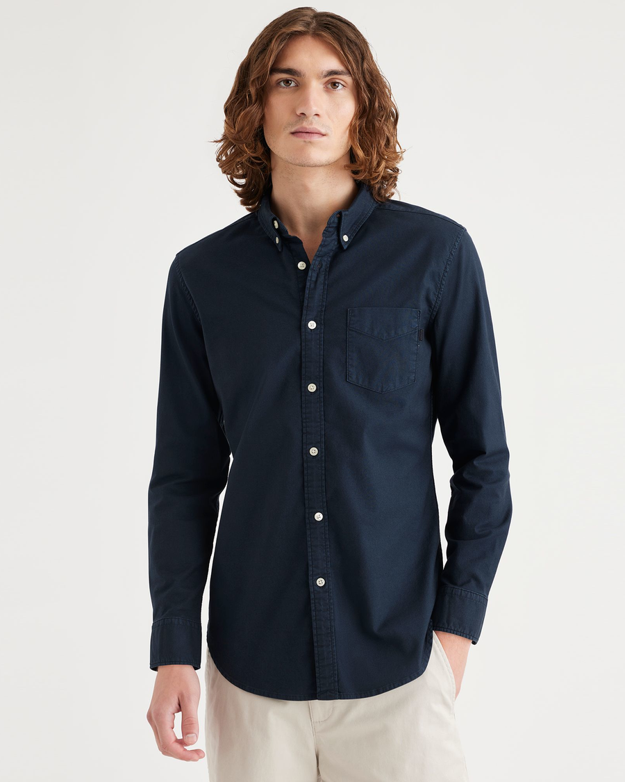 Front view of model wearing Navy Blazer Men's Slim Fit 2 Button Collar Shirt.