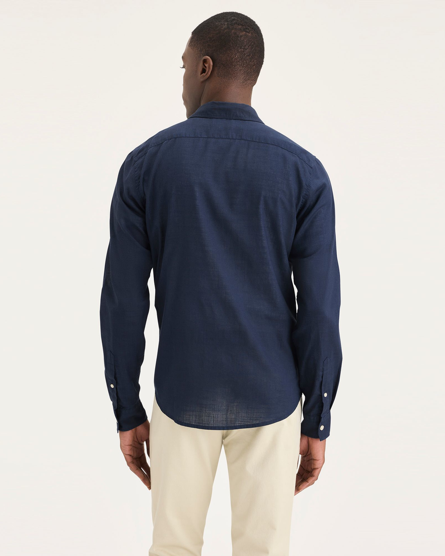 Back view of model wearing Navy Blazer Men's Slim Fit Casual Shirt.