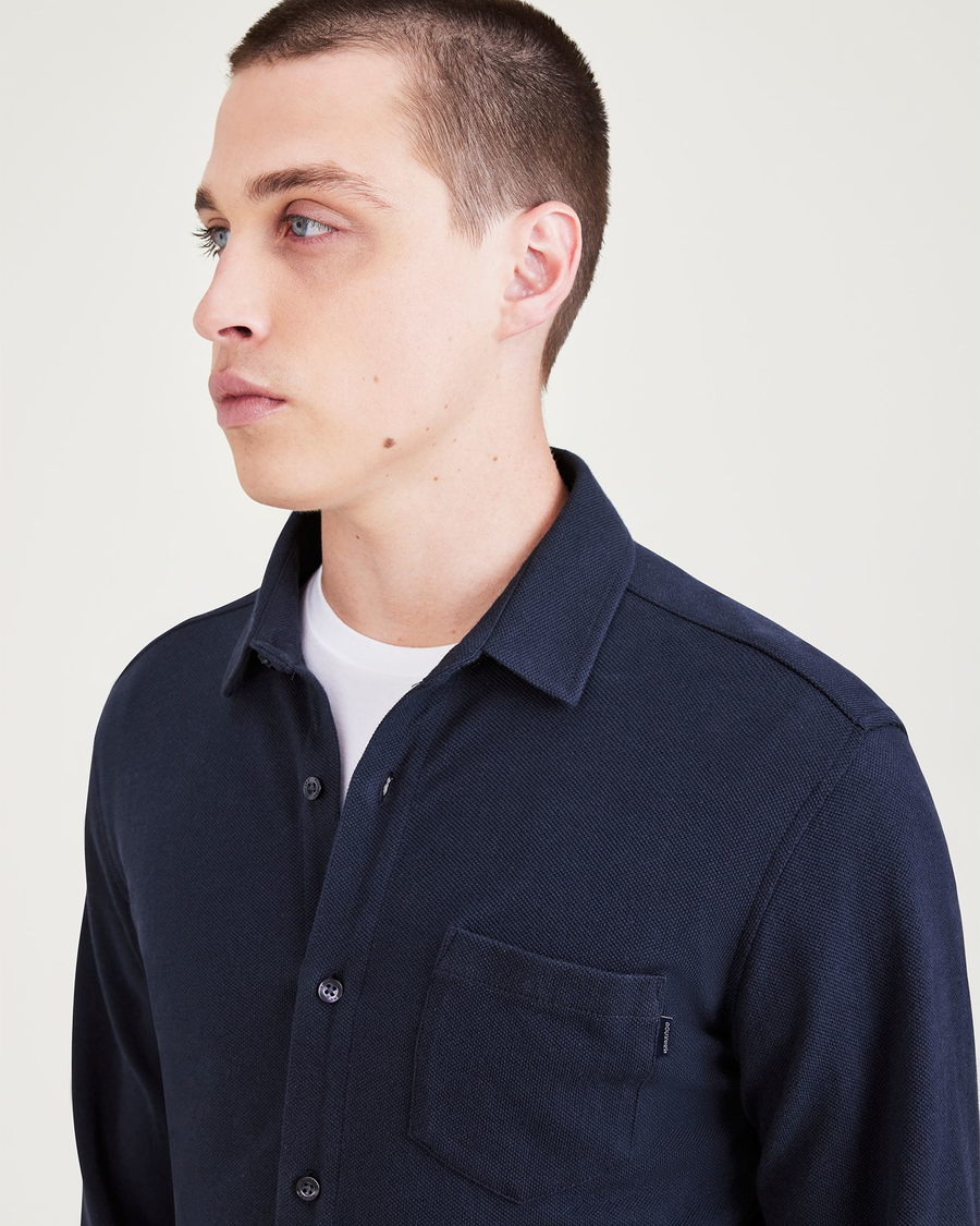 View of model wearing Navy Blazer Men's Slim Fit Knit Button-Up Shirt.