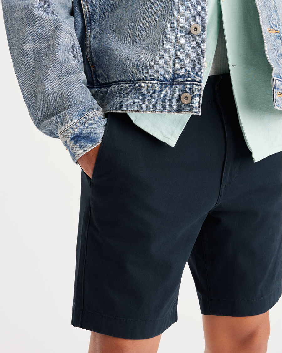 View of model wearing Navy Blazer Men's Straight Fit California Shorts.