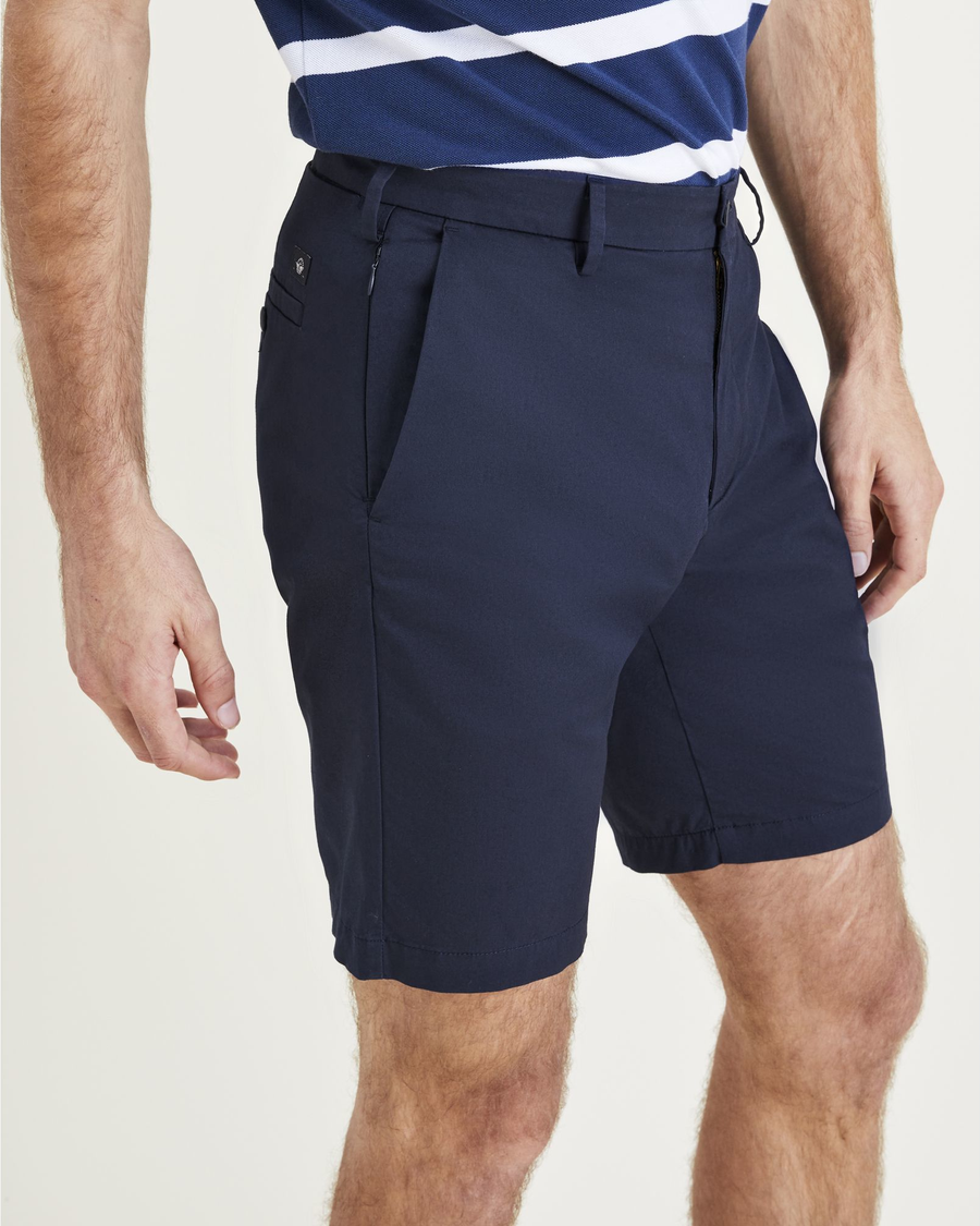 View of model wearing Navy Blazer Men's Supreme Flex Modern Chino Short.