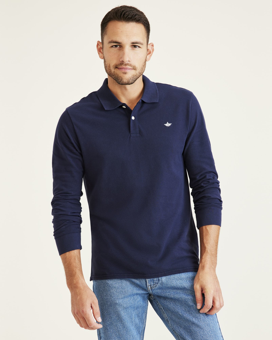 Front view of model wearing Navy Blazer Polo Shirt, Slim Fit.