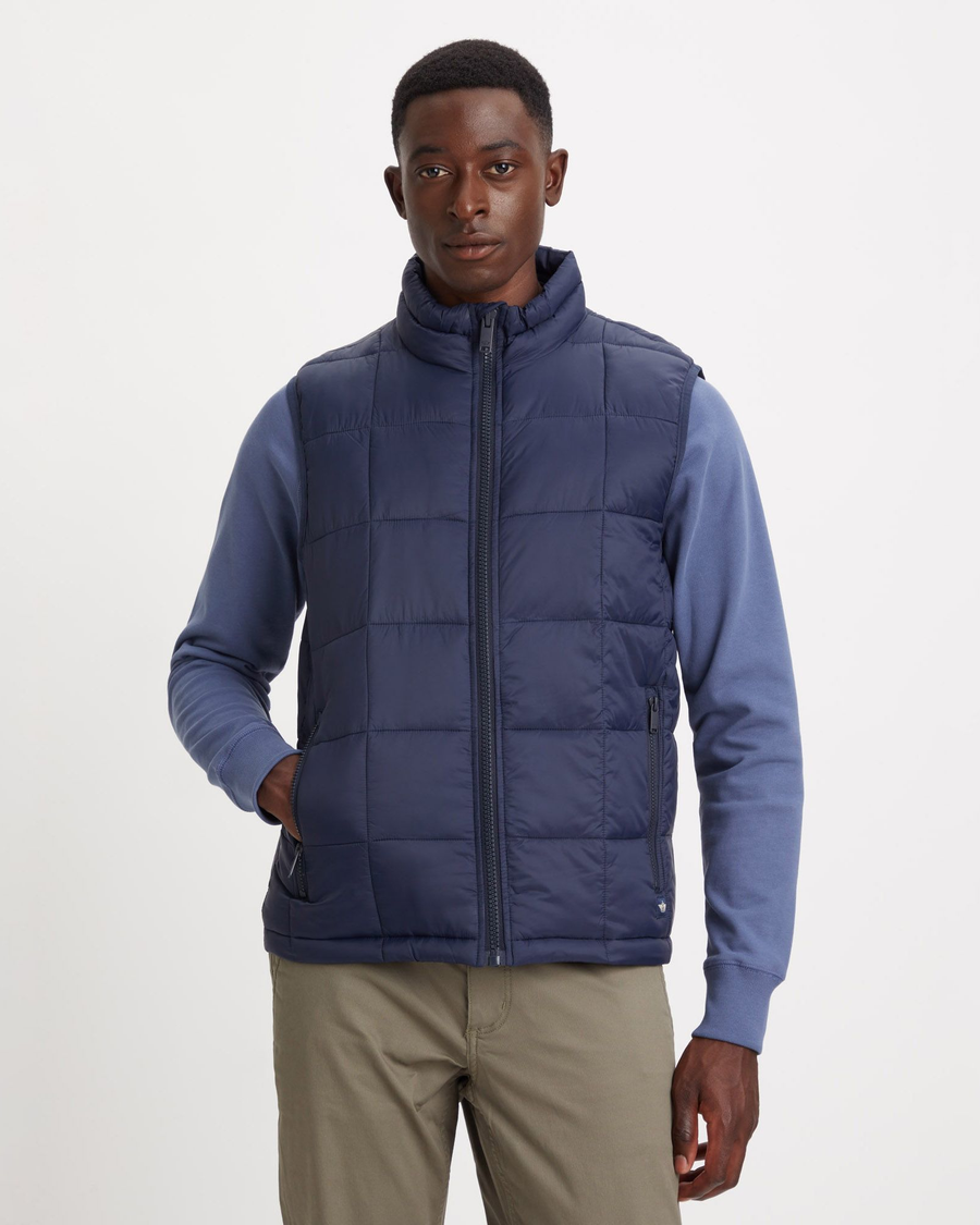 Front view of model wearing Navy Blazer Quilted Vest, Regular Fit.
