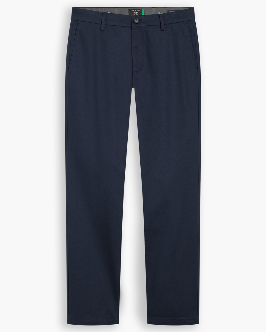 View of model wearing Navy Blazer Signature Iron Free Khakis, Skinny Fit with Stain Defender®.