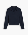 View of model wearing Navy Blazer Sweater Polo, Relaxed Fit.