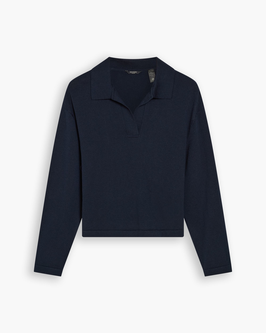 View of model wearing Navy Blazer Sweater Polo, Relaxed Fit.