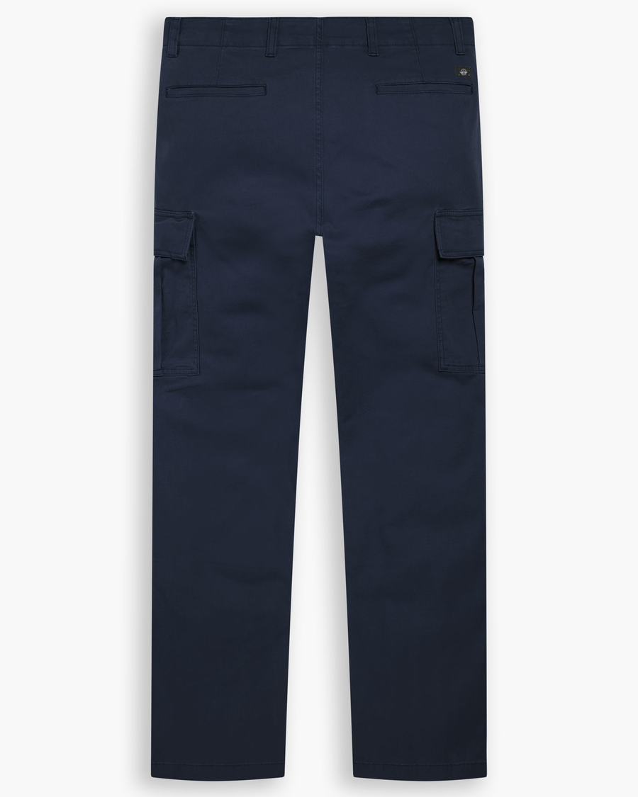 View of model wearing Navy Blazer Utility Cargo Pant, Straight Fit.