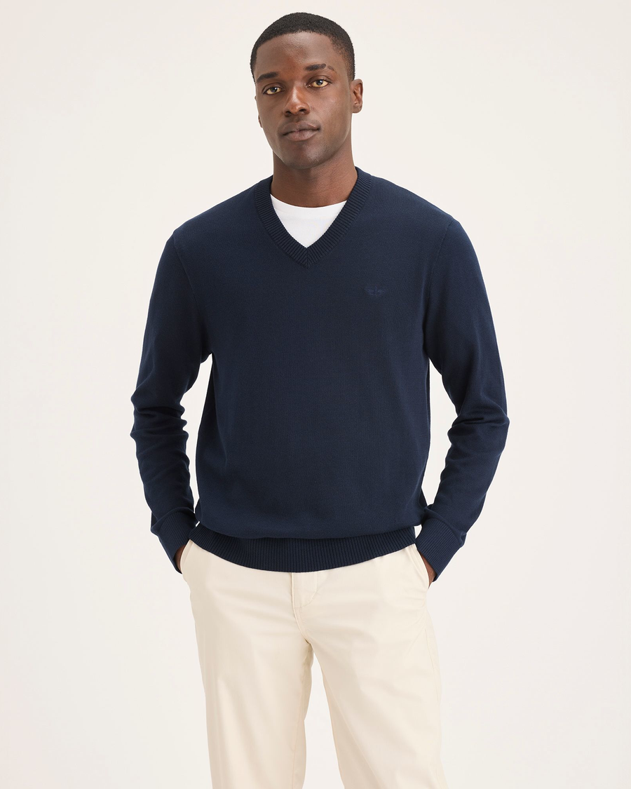 Front view of model wearing Navy Blazer V Neck Sweater.
