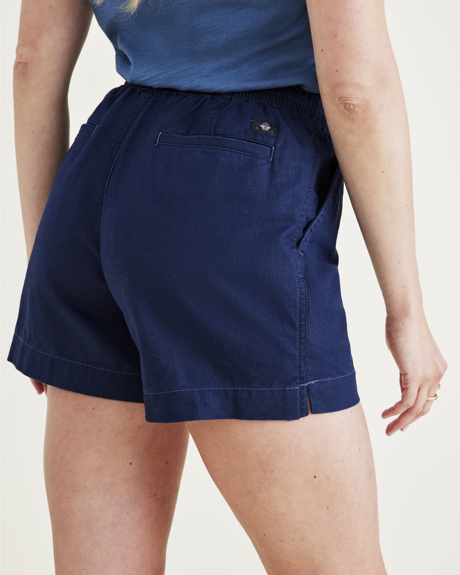 View of model wearing Navy Blazer Women's Pull-On Shorts.