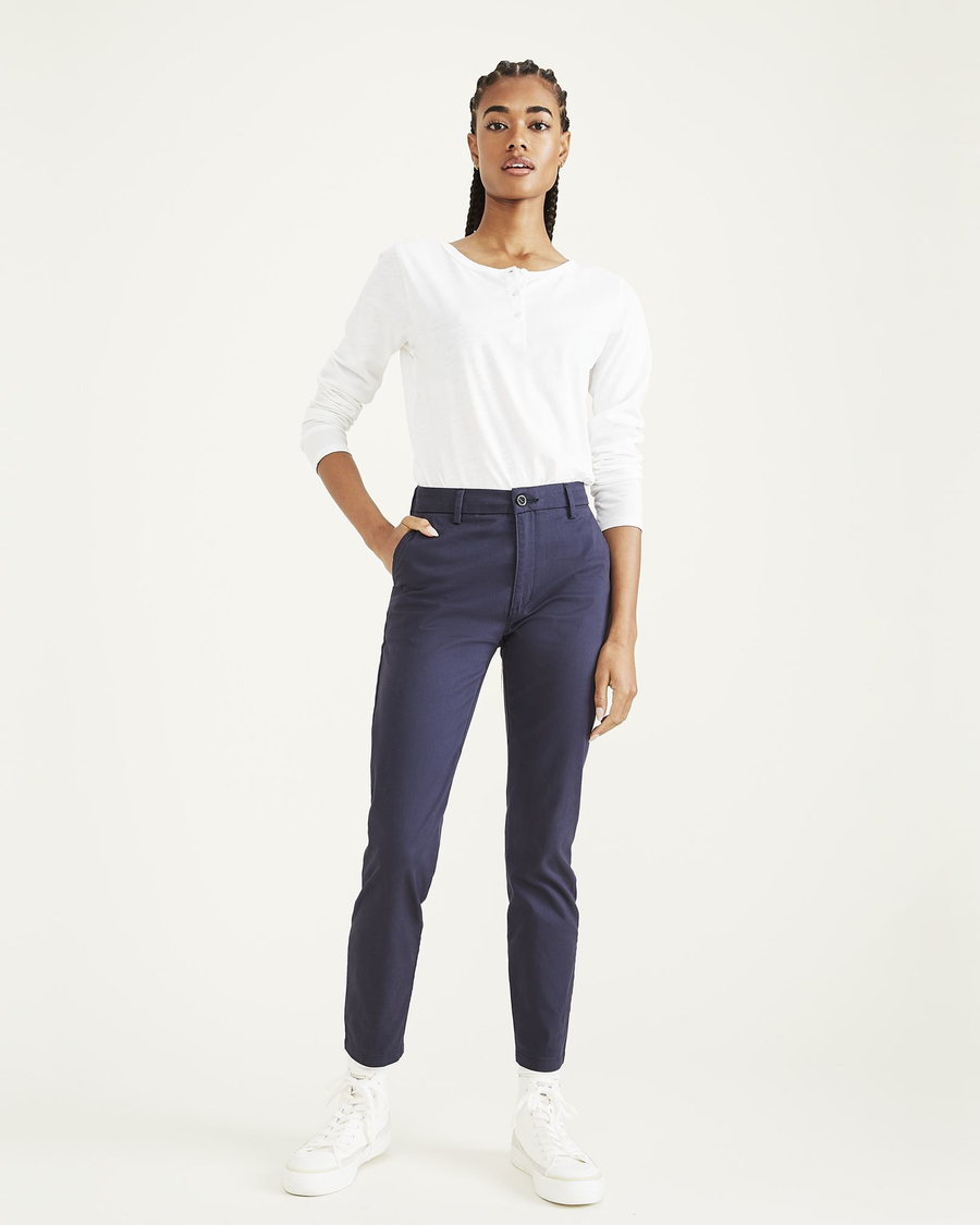 Front view of model wearing Navy Blazer Women's Skinny Fit Chino Pants.