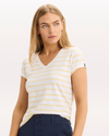 View of model wearing Nevin Italian Straw Favorite V-Neck Tee Shirt, Slim Fit.