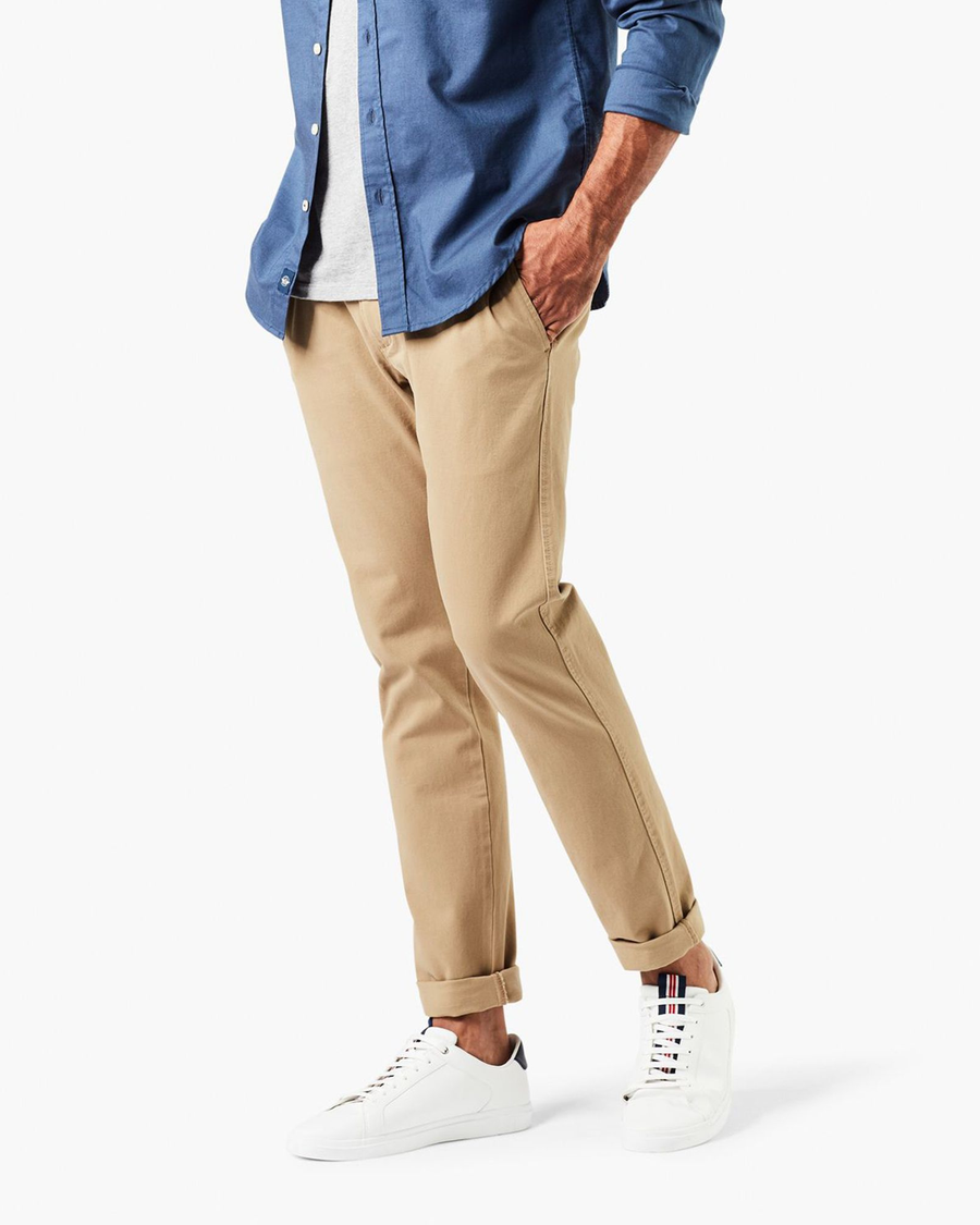 Front view of model wearing New British Khaki Ultimate Chinos, Skinny Fit.