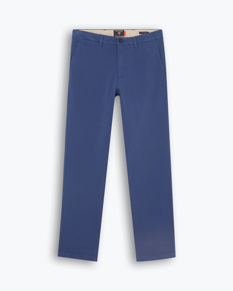 View of model wearing Ocean Blue Crafted Khaki Pants, Slim Fit.