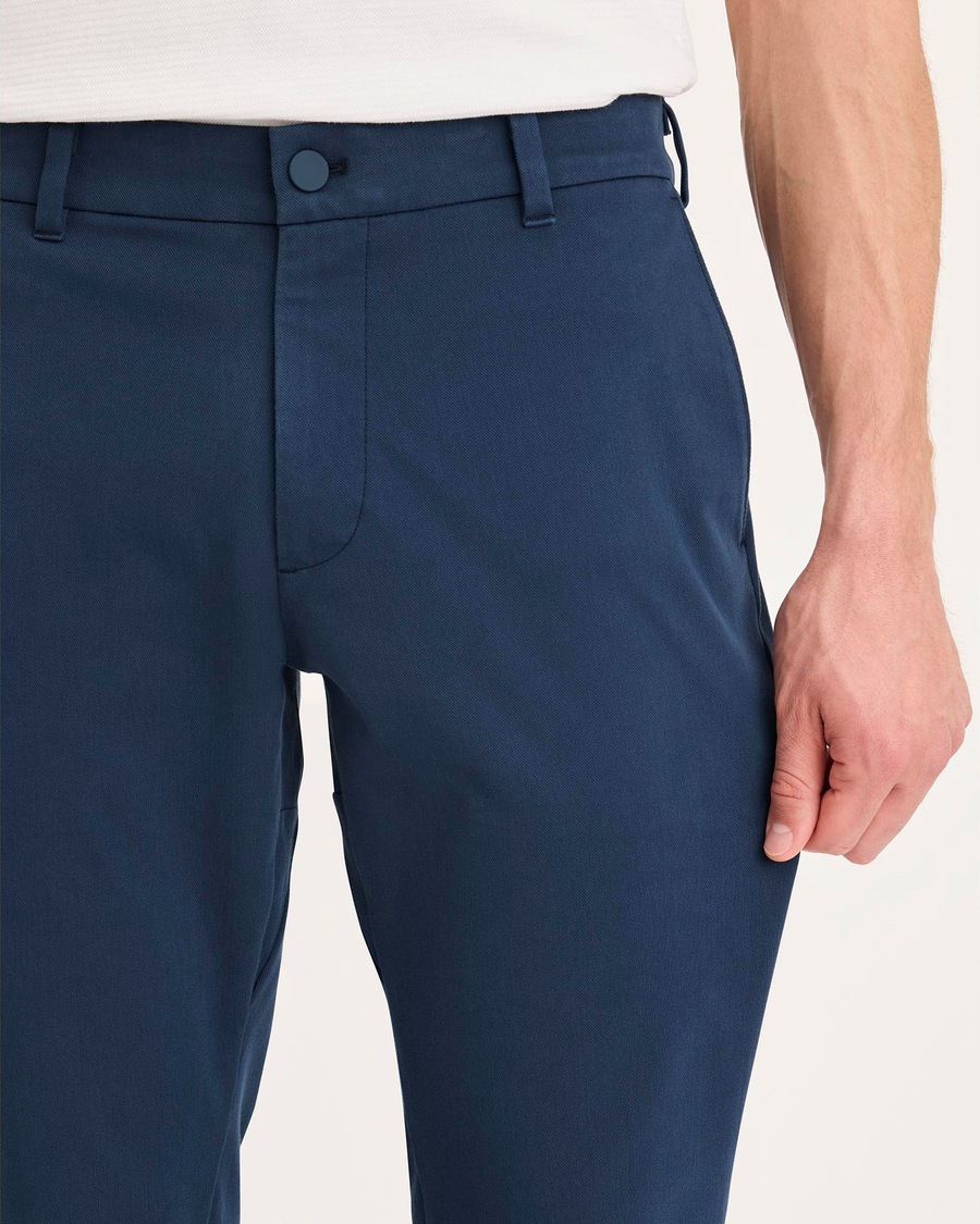 View of model wearing Ocean Blue Go Activeflex Chino, Skinny Fit.