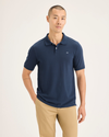 Front view of model wearing Ocean Blue Men's Slim Fit Pique Polo.