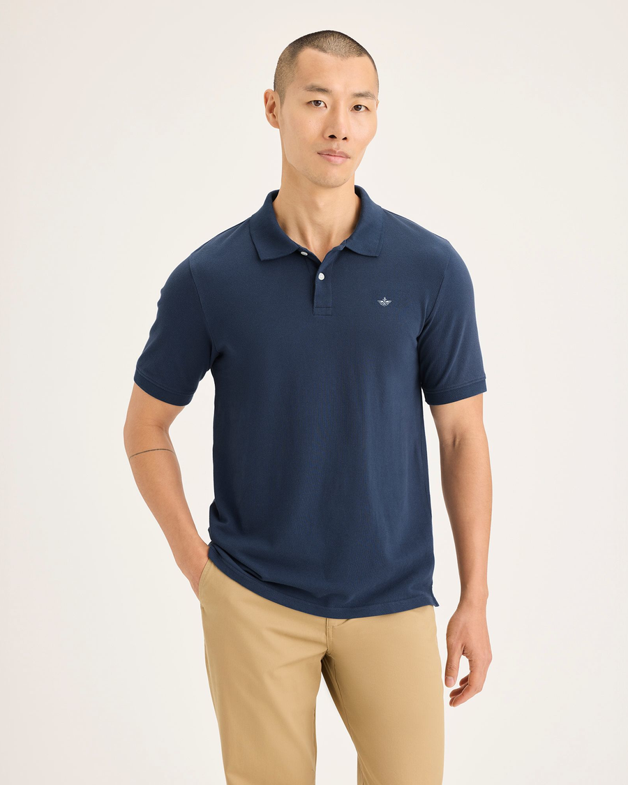 Front view of model wearing Ocean Blue Men's Slim Fit Pique Polo.