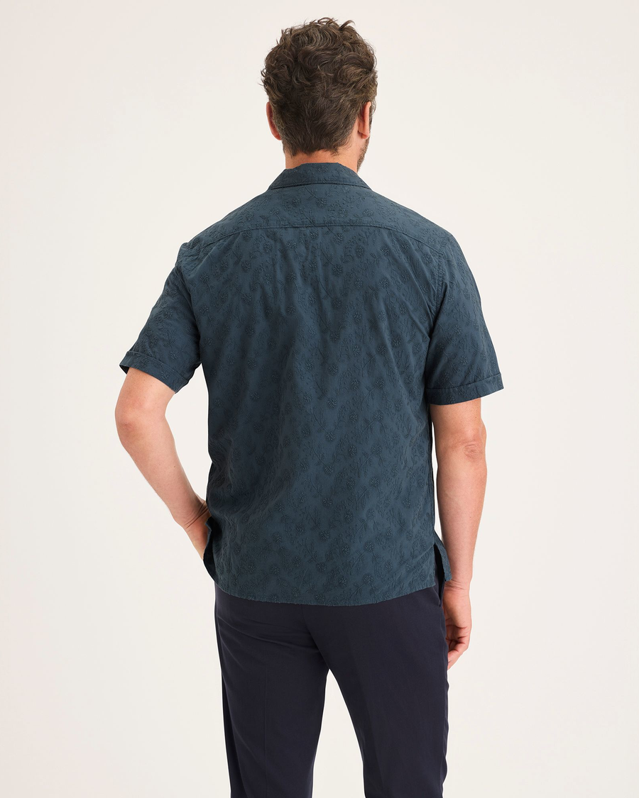 Back view of model wearing Orchard Stratified Sea Men's Regular Fit Camp Shirt.