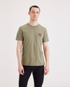 Front view of model wearing Overland Trek Men's Slim Fit Logo Tee.