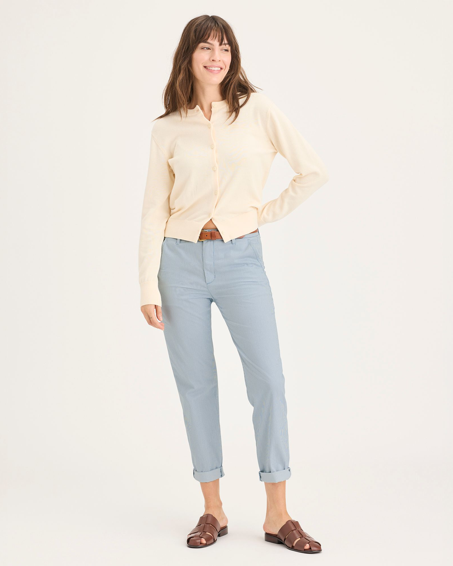 Front view of model wearing Oxnard Tourmaline Stripe Women's Slim Fit Weekend Chino Pants.