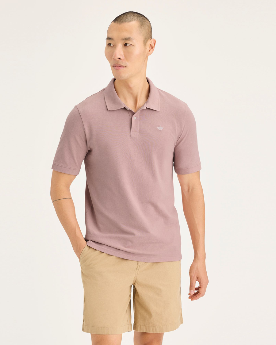 Front view of model wearing Pale Mauve Men's Slim Fit Pique Polo.