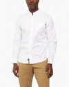Front view of model wearing Paper White Men's Slim Fit 2 Button Collar Shirt.