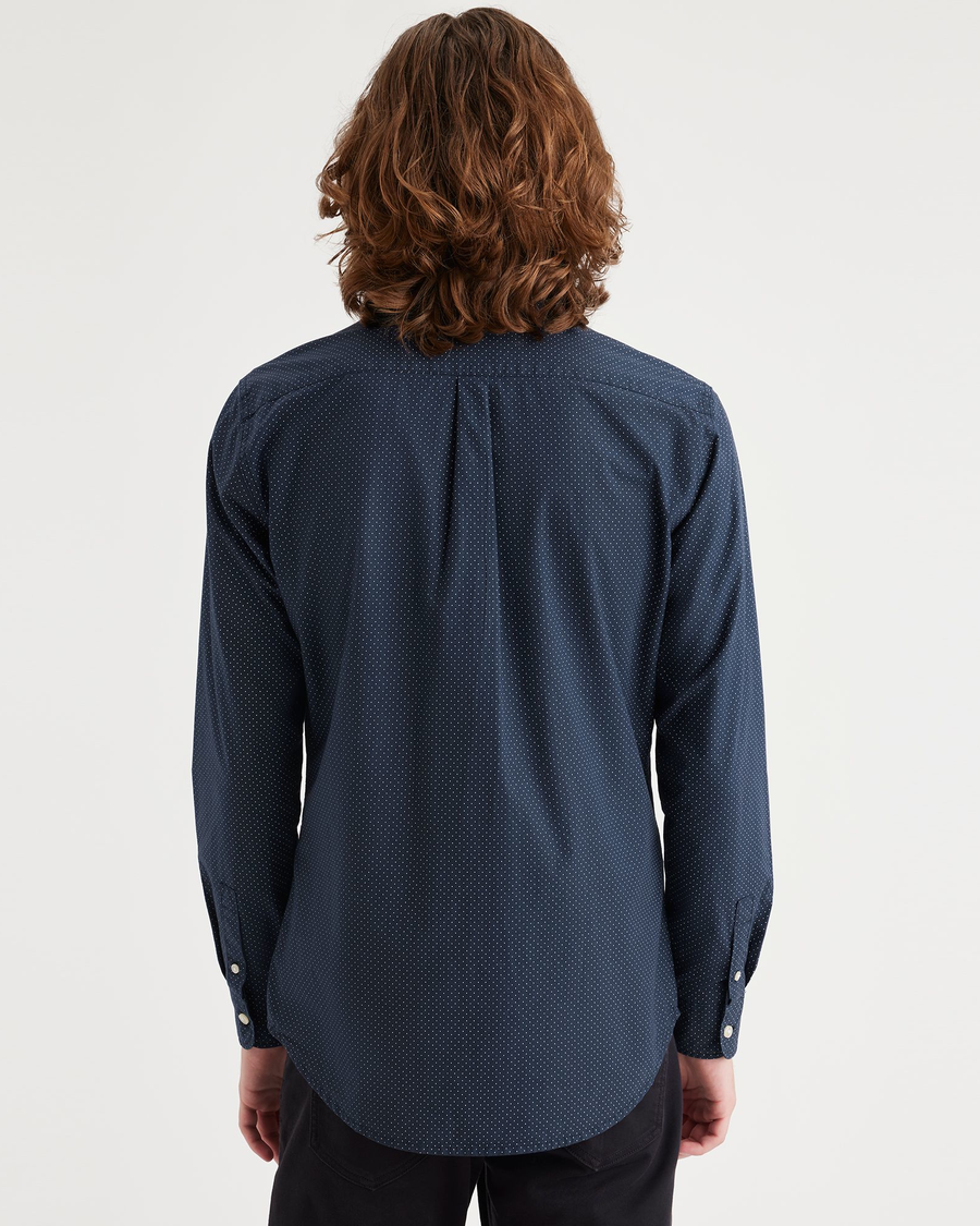 Back view of model wearing Parade Navy Blazer Men's Slim Fit Icon Button Up Shirt.