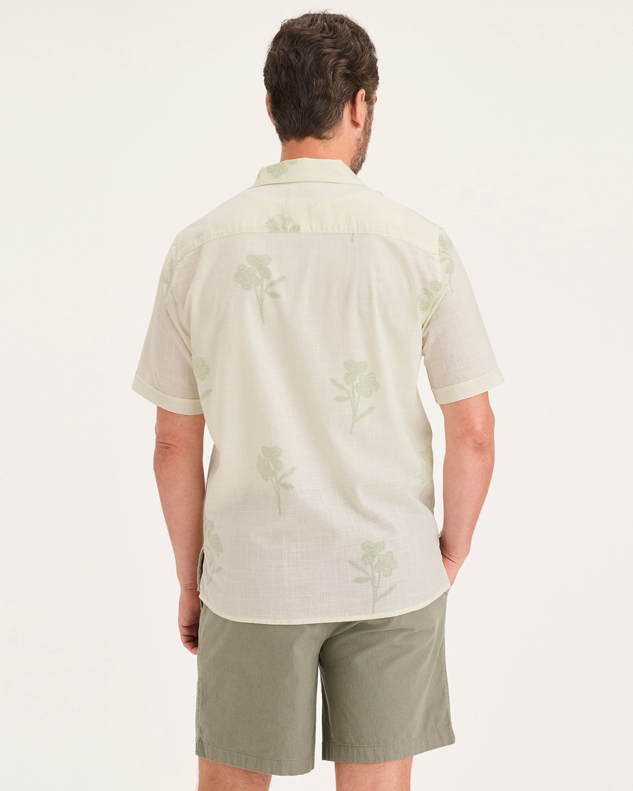 Back view of model wearing Pastime Buttercream Seedling Men's Regular Fit Camp Shirt.